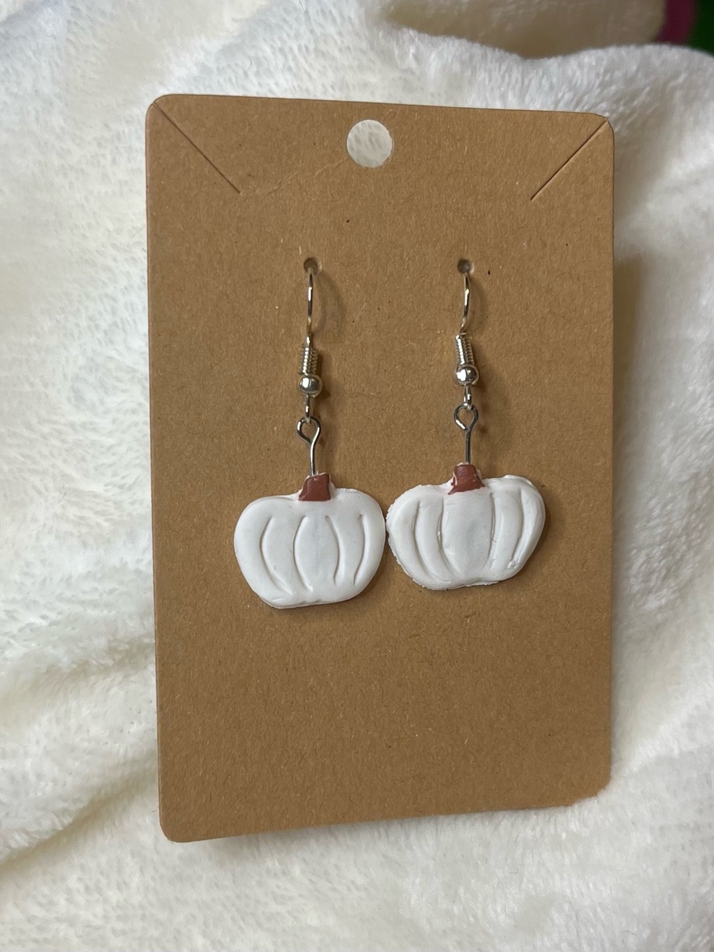 White Pumpkin Handcrafted Dangle Earrings for Women - Seasonal Clay Earrings - Picture 2 of 2